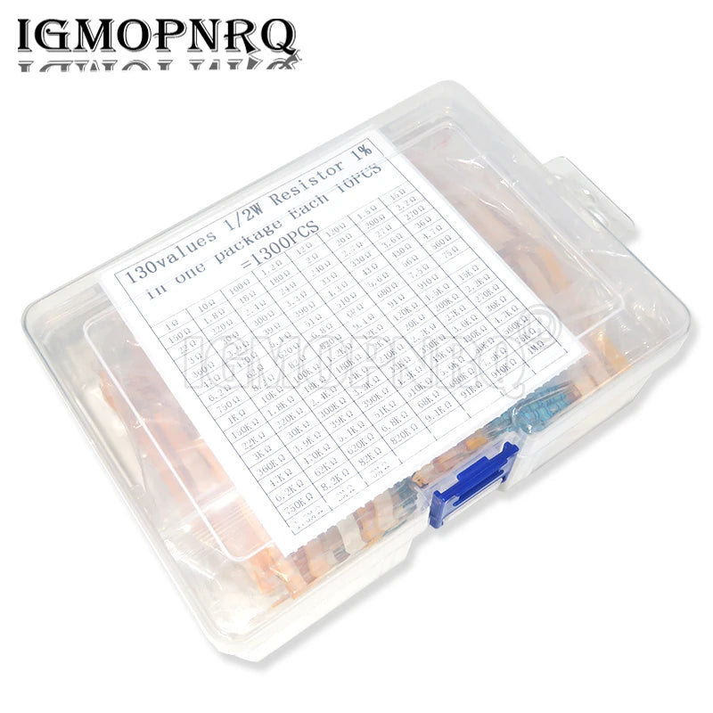 1300PCS 1% Metal Film Resistors 130 Values x 10Pcs 1/2W 0.5W Assorted Pack Kit Set Lot Resistors Assortment Kits Box