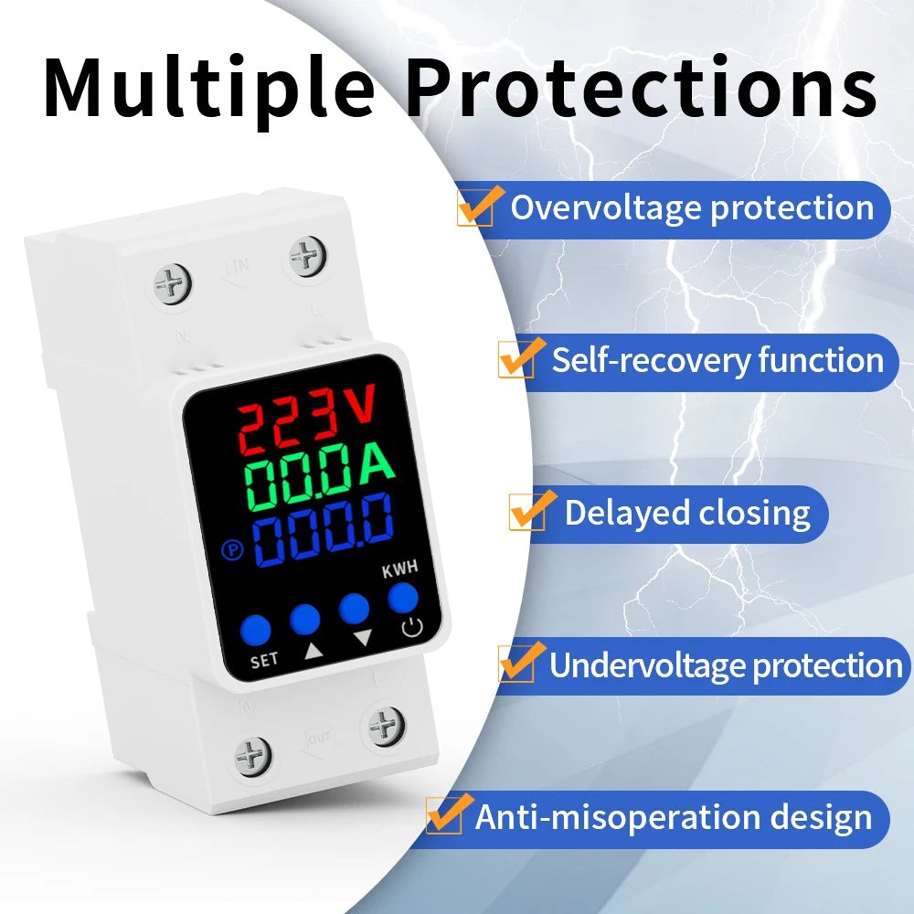 GTRIC Voltage Protection Relay Din Rail Over Under Voltage Protector 230VAC 40A 63A Adjustable Voltage Current Protection Device