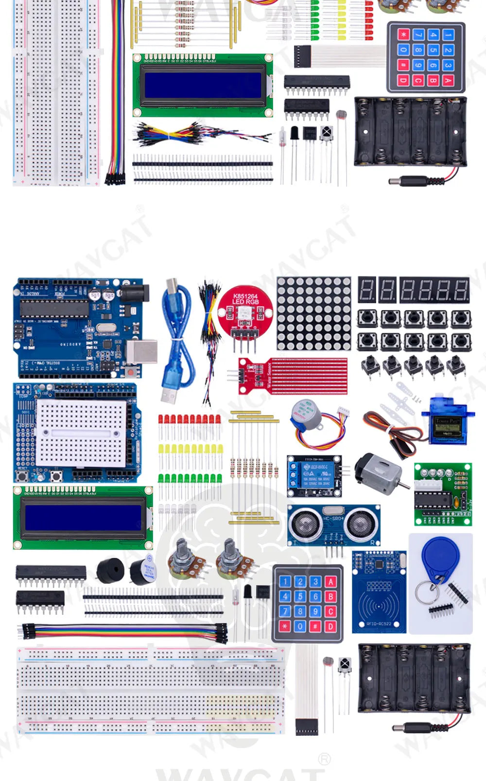 Complete Starter Kit for Arduino Uno R3, Includes Uno R3 Board, Breadboard, Motors, LCD, Sensors & Accessories