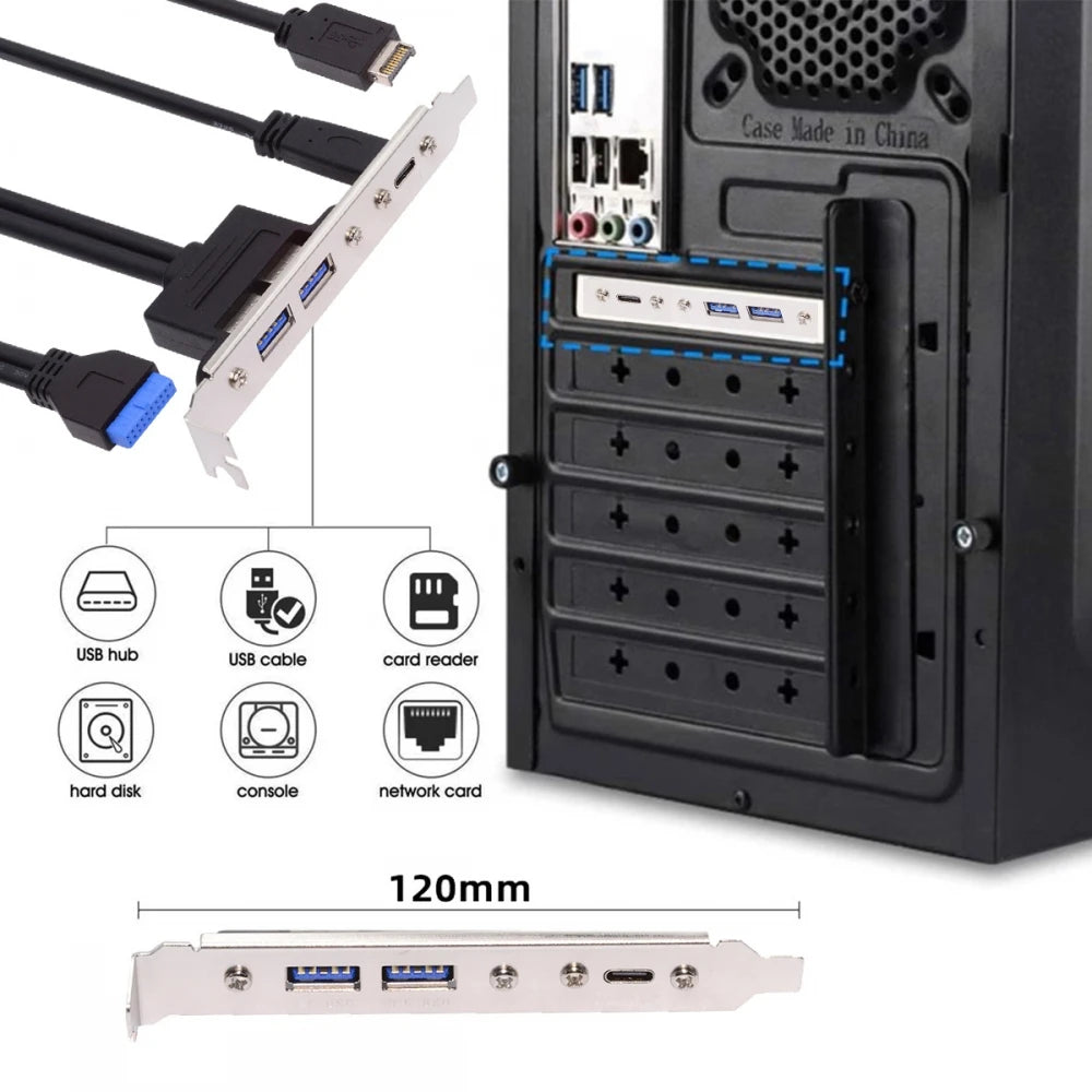 USB3.0 and USB C Female Header Panels to Motherboard 20-pin & Type-E Motherboard Extension Cable Adapter with 12cm PCI-E Bracket