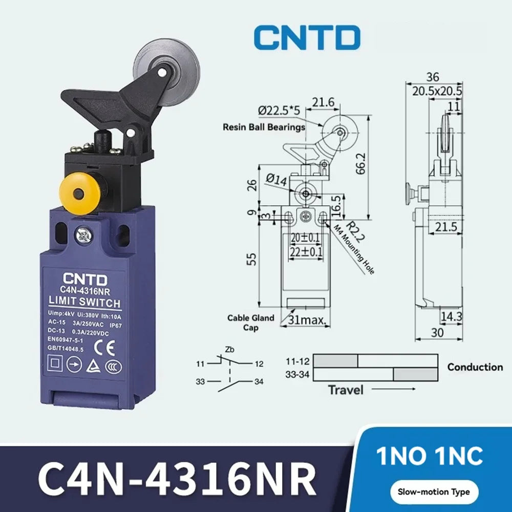 CNTD C4N‑NR Series vertical safety Micro Limit Switch IP65 Waterproof and dustproof Silver contact Safety Interlock C4N-4304NR