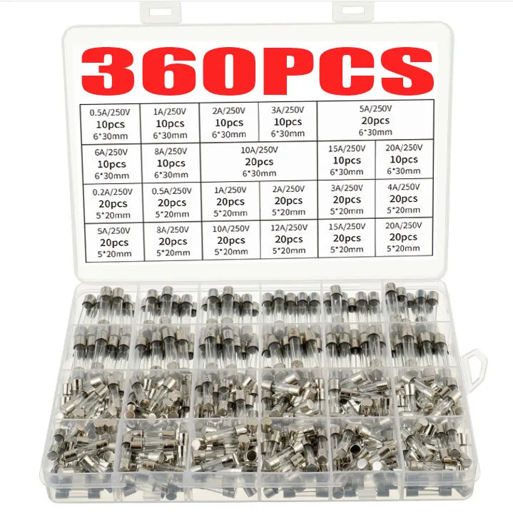 360pcs 5*20,6*30mm Glass Tube Fuse Combination Fast Melting Glass Tube Fuse Combination Kit Fast Melting Glass Fuse