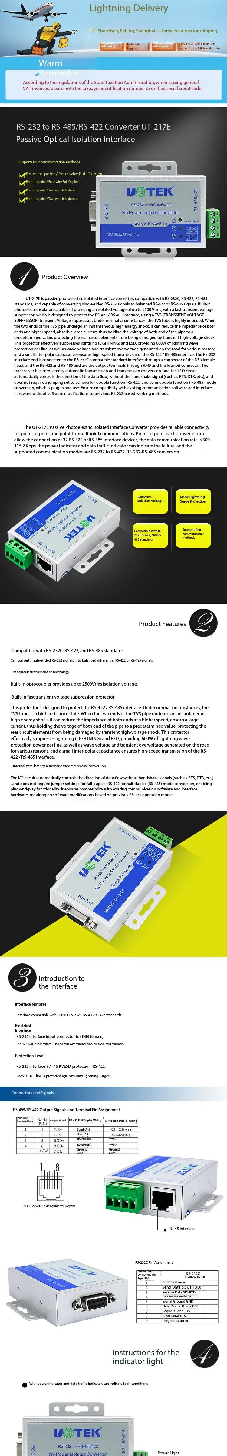UTEK UT-217E RS232 to RS485/422 Converter Opto-isolated Industrial DB9