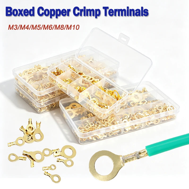 150-540pcs Boxed Terminal Block Connector M3/M4/M5/M6/M8/M10 O-type Ground Lugs Terminal Cold-Pressed Copper Tab Wiring Nose