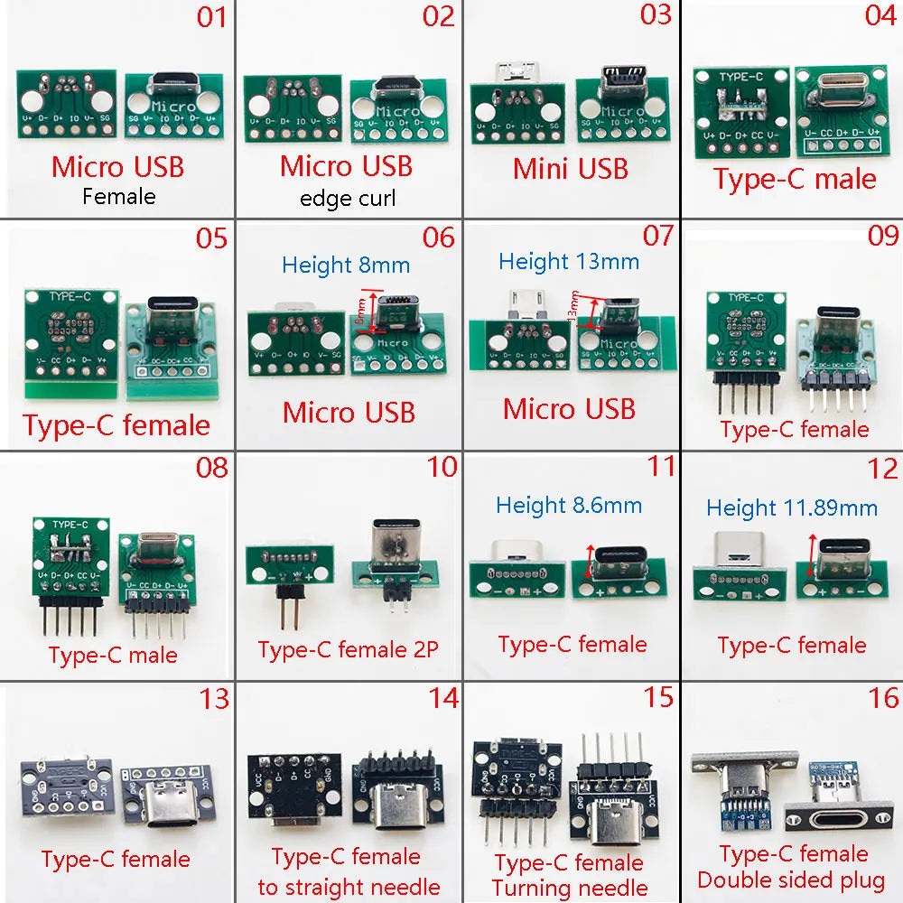 2pcs Micro Mini USB Type C USB 2.0 3.0 Male Female PCB Connector 90 Degree with Pin Header Data Charging Cable Jack Test Board