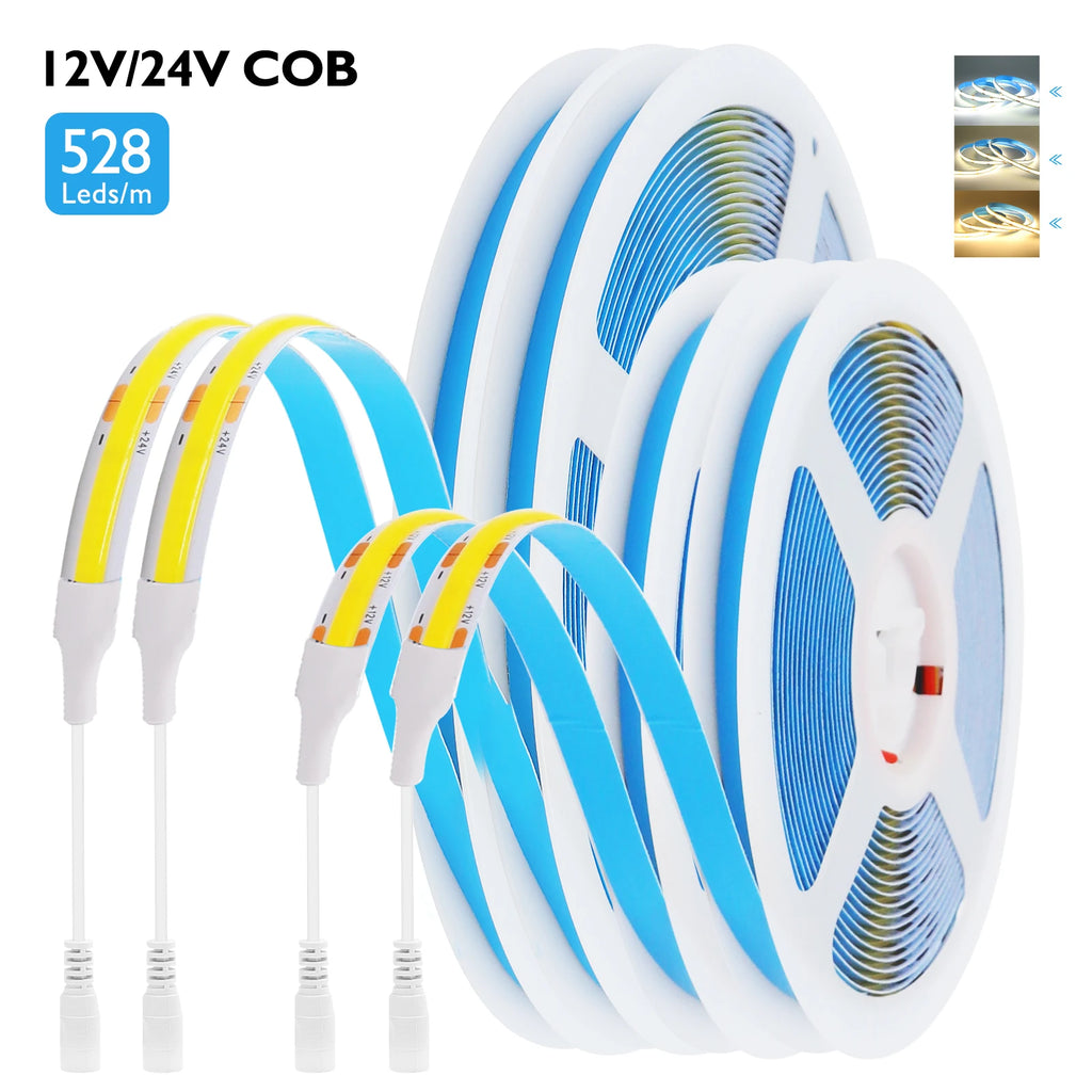 DC12 24V COB LED Strip Light 528Leds/m Flexible Tape Ribbon High Density Linear Lighting 3000-6500K RA90 Led Lights Room Decor