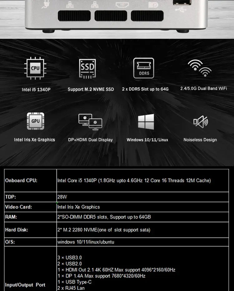2026 Core I5 1340P 13th Gen Nuc Nano Small Micro PC Mini PC X86 2 Ethernet Lan Windows 10 11 Linux Ubuntu DDR5 Cheap Mini Pc