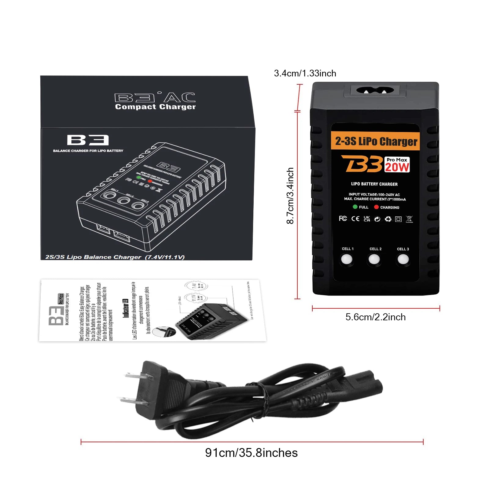 HTRC B3 2S-3S Lipo Battery Charger 110-220V AC LED 20W B3 Compact Charger Balance RC Charger