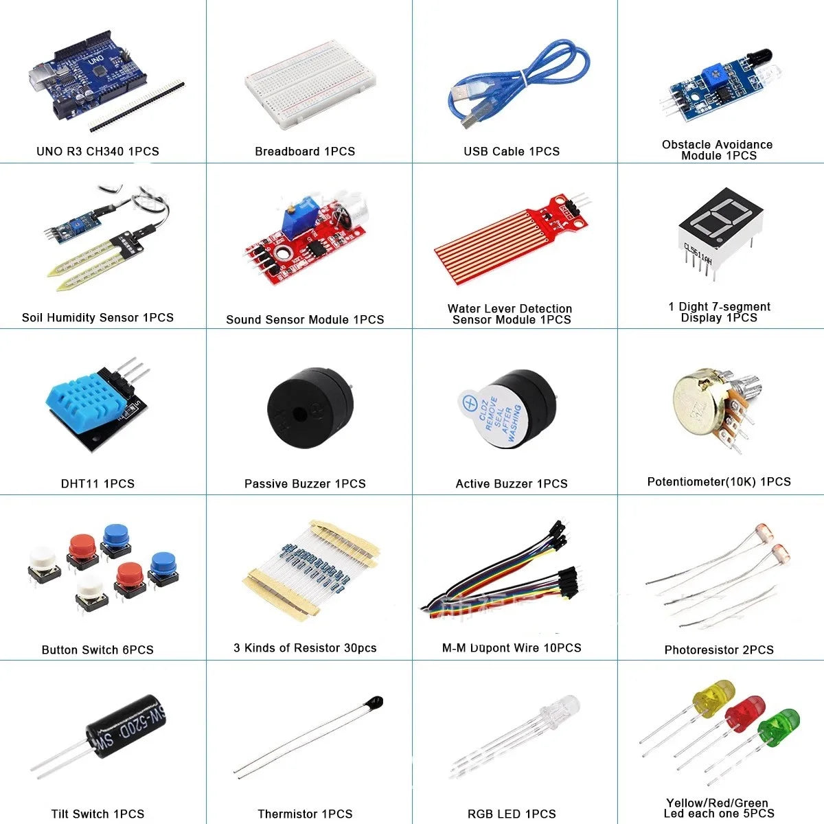 Starter Kit for Arduino Uno R3 Breadboard Basic Simple Learning Kit, Sound/Water Level/Humidity/Distance Detection, LED Control