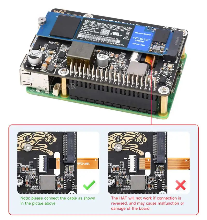 Raspberry Pi 5 PoE Power And PCIe M.2 NVMe SSD HAT PLUS (B) 2230/2242/2260/2280 For PI5