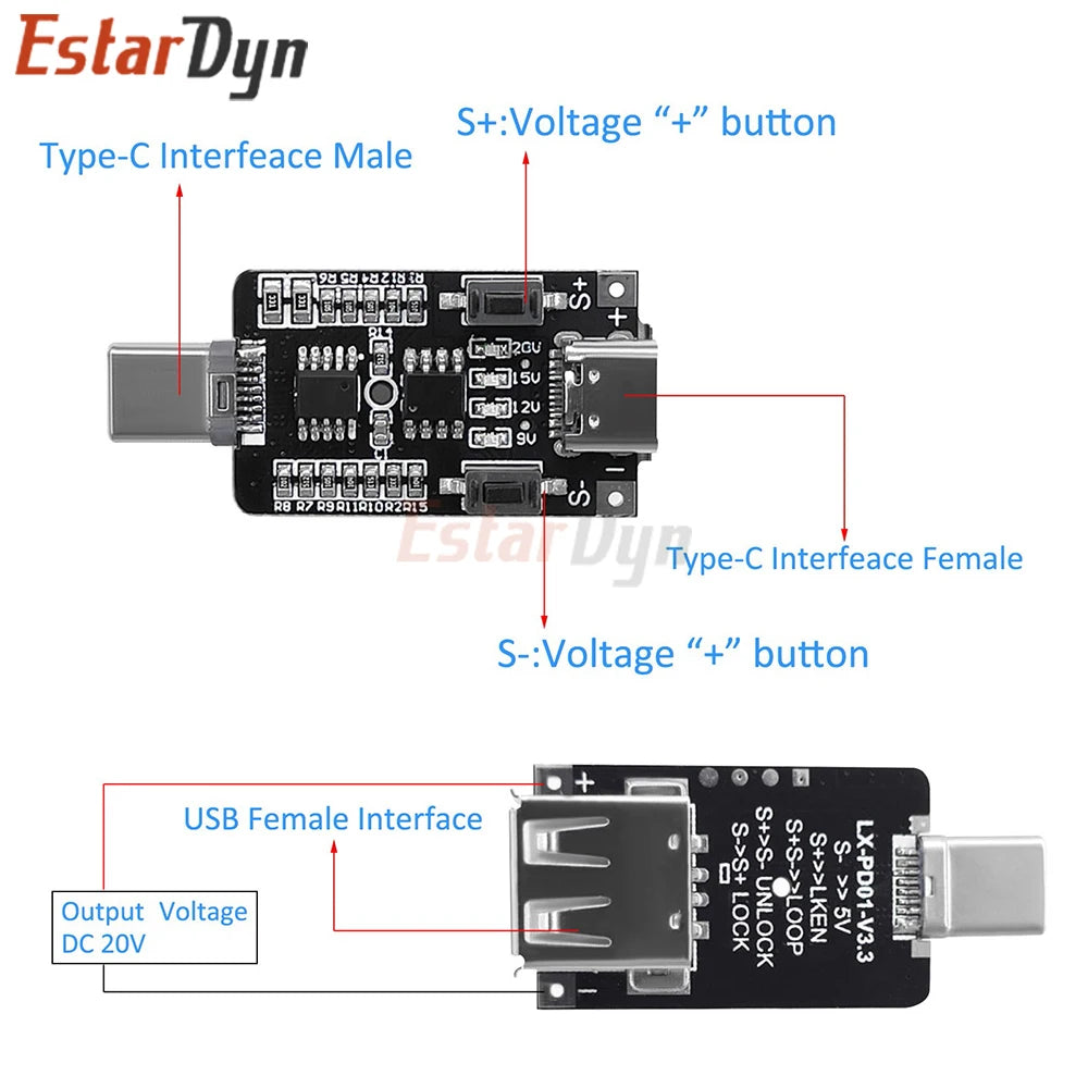Estardyn  100W 5A USB-C PD/QC Decoy Trigger Module 5V/9V/12V/15V/20V Fast Charging Protocol Board for Charger Aging Test