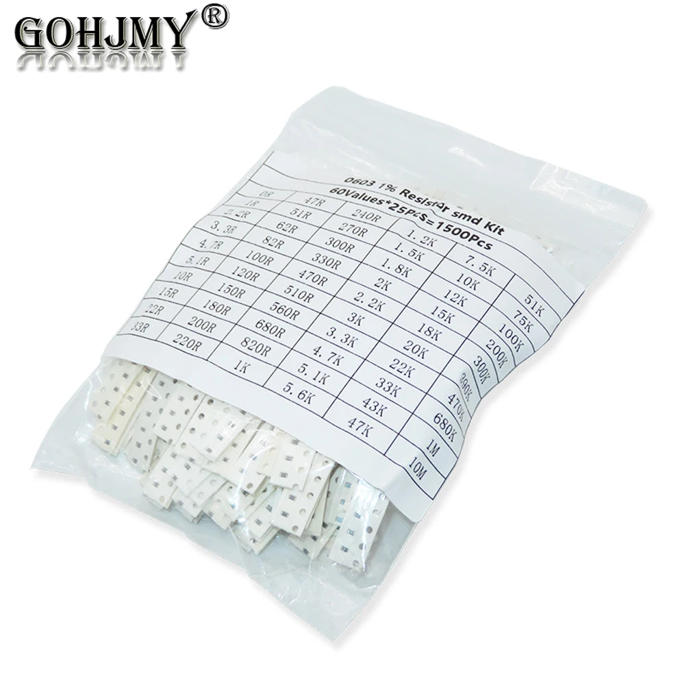 1500Pcs SMD 0603 Resistors Assorted Set 60 Values*25Pcs 0ohm - 10M Ohm 1/10 Watt 1% High Precision Film Chip Resistance Kit