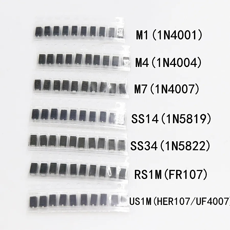 70/90PCS SMD diode 1N4001 1N4004 1N4007 SS14 SS34 SS16 SS36 Schottky diode kit, rectifier diode set M1 M4 M7 SS14 SS34 RS1M US1M