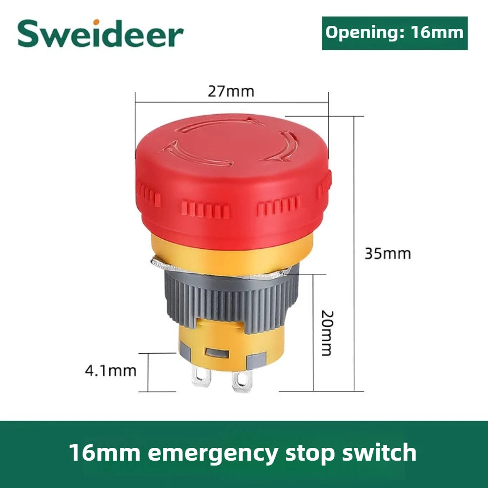 16/22mm Plastic Emergency Stop Power Push Button Switch Anti-slip IP65 Waterproof Mushroom Head Rotation Reset 1NO 1NO1NC