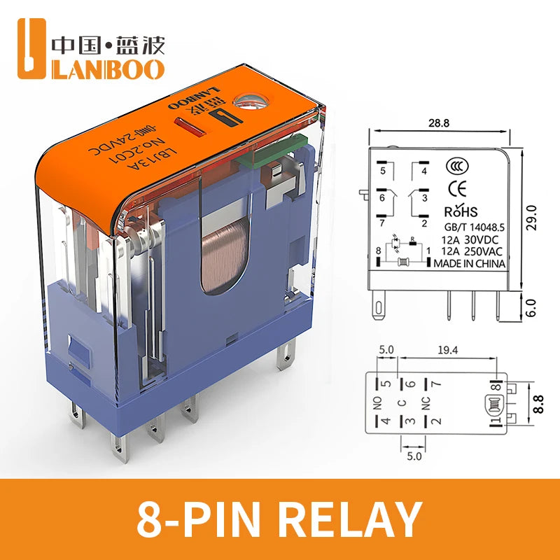 LANBOO J13A 12A/8A 12VDC/24VDC/220VAC Micro Voltage Plug-in Universal Intermediate Relay 5Pin/8Pin Base Sold Separately