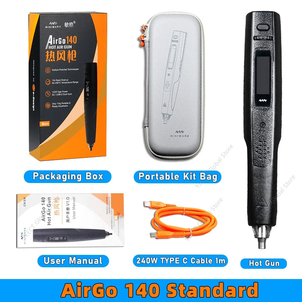 MINIWARE AirGo 140 Mini Soldering Station Hot Air 140W PD3.1 Type C Fast Heat BGA Rework Tool 80-450C For Phone PCB Repair Box