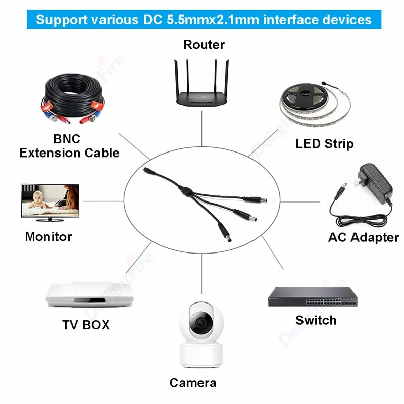 DC Power 1 Female to 2 Male 5.5mm x 2.1mm Barrel Plug Y Splitter Adapter Splitter Cord for Surveillance Camera LED Strip Light