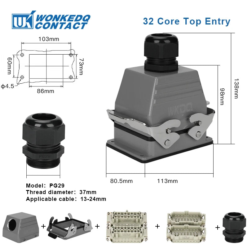 HDC HE Heavy Duty Connector 6/10/16/24/32/48 Core Pin Top/Side Outlet Aviation Plug Rectangular Waterproof Electrical Wiring