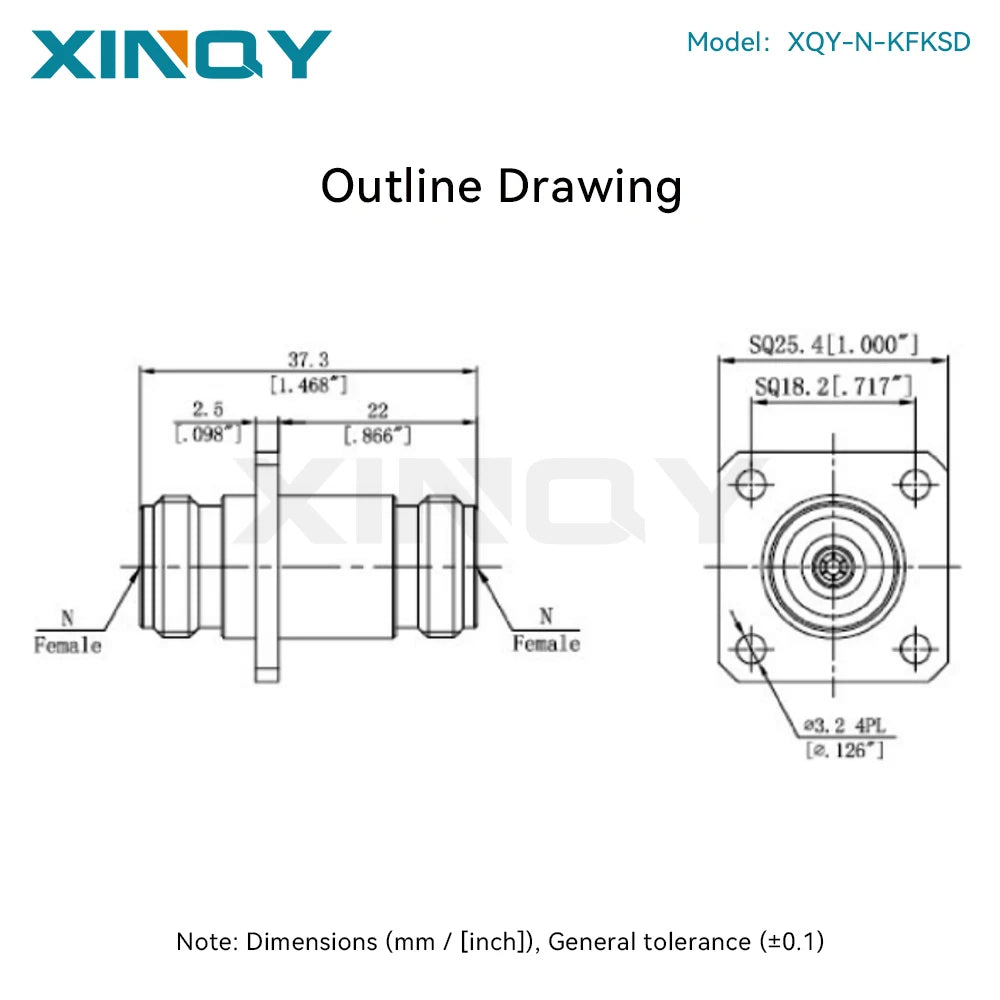 XINQY N-Type Coaxial Adapter, Female to Female, 18 GHz, Panel Mount, 4-Hole Flange Connector