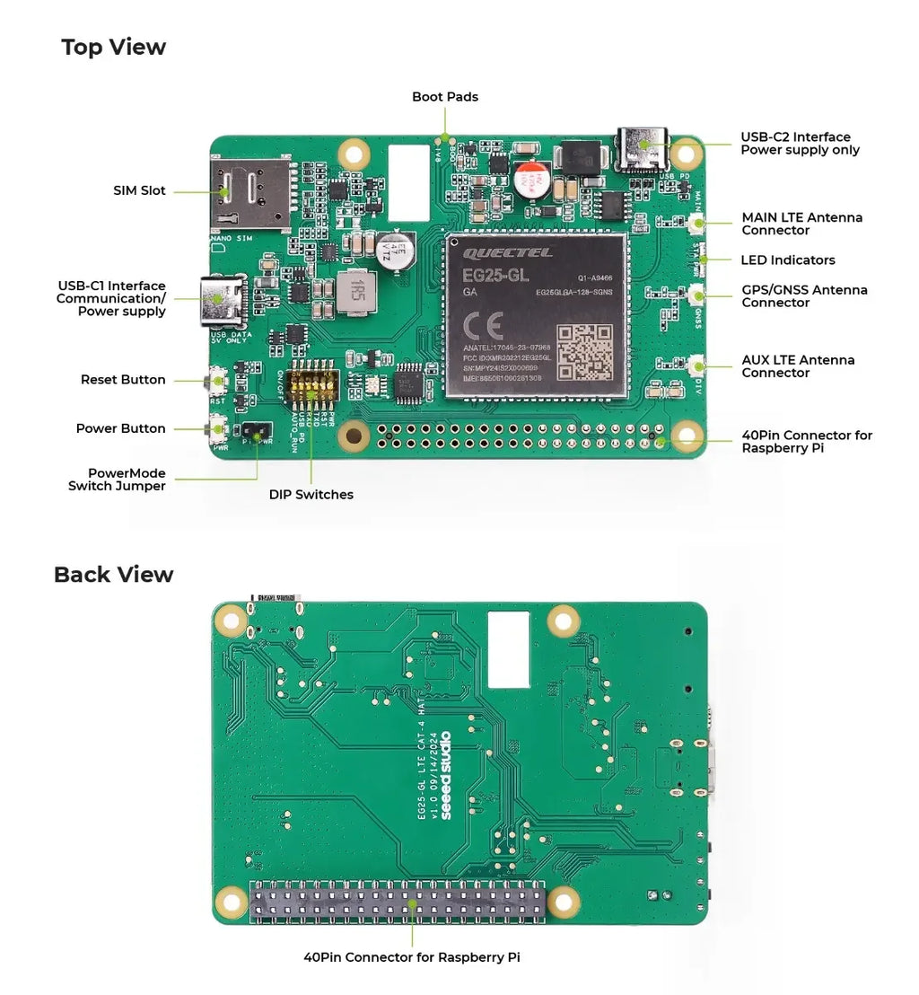 Raspberry Pi 4G LTE CAT4 HAT with Quectel EG25-GL, Plug-and-Play, Global Bands