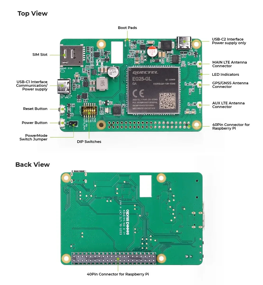 Raspberry Pi 4G LTE CAT4 HAT with Quectel EG25-GL, Plug-and-Play, Global Bands