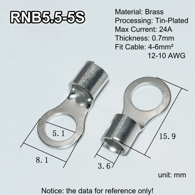 100pcs RNB Brass Ring Bare Terminal Block Connector Cable Lugs Wire Crimping Tips Electrical Connection Strips 12V 2.5mm 4mm 6mm