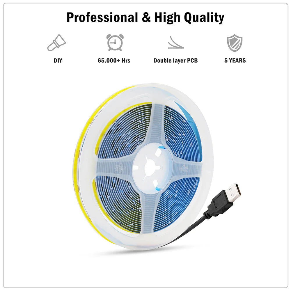 5V USB COB LED Strip Light Tape White Red Green Pink Ice Blue Yellow Flexible 320 LEDs 8mm PCB Ribbon TV Backlights Night Lamp