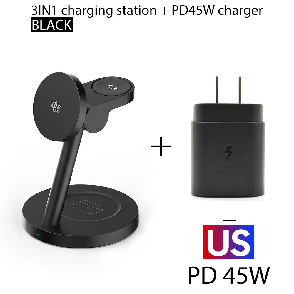 3in1 Qi2.2 25W Fast Wireless Charging Station 45W PD Plug For iPhone 17 16 Pro Max Plus Apple Watch Ultra SE 3 11 10 AirPods