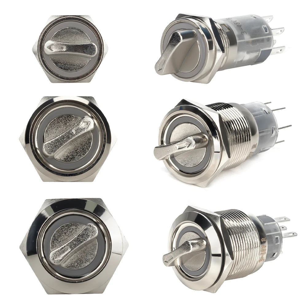 16MM 19MM 22MM Self-return Self-locking Waterproof DPDT Illuminated Metal Selector Knob Rotary Switch 2 3 Position LED Lamp Red