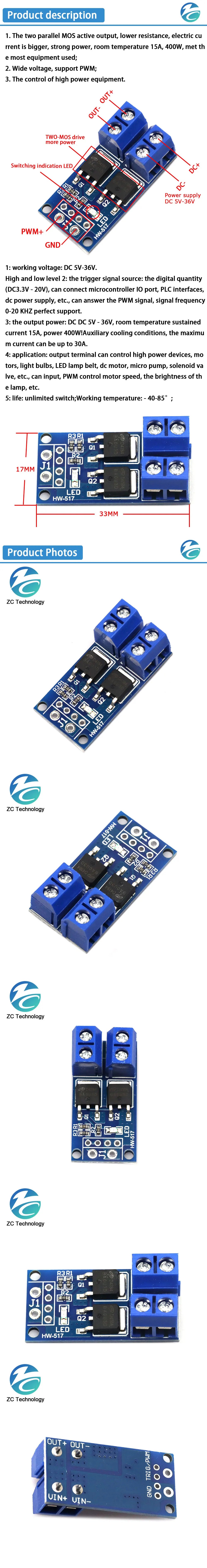 15A 400W MOS FET Trigger Switch Drive Module PWM Regulator Control Panel for arduino DC 5V 12V 36V