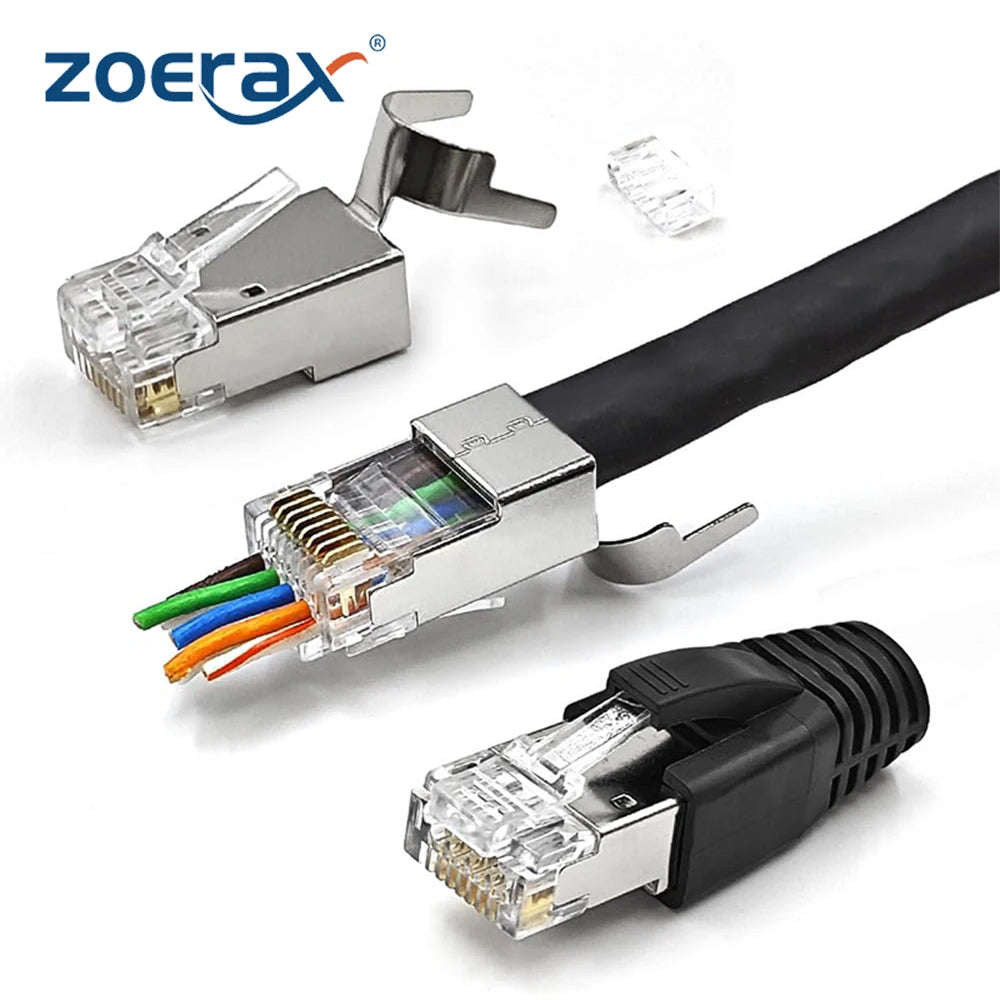 ZoeRax RJ45 Cat8 Cat7 Cat6A Pass Through Shielded Connector Modular Network 3-Prong 50μ Gold-Plated Plug with Strain Relief Boot