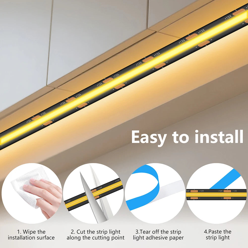 12V 24V COB LED Strip Light 3000K 4000K 6000K Black PCB 320LED/m High Density Lighting for Kitchen Cabinets Flex Tape RA90 IP30