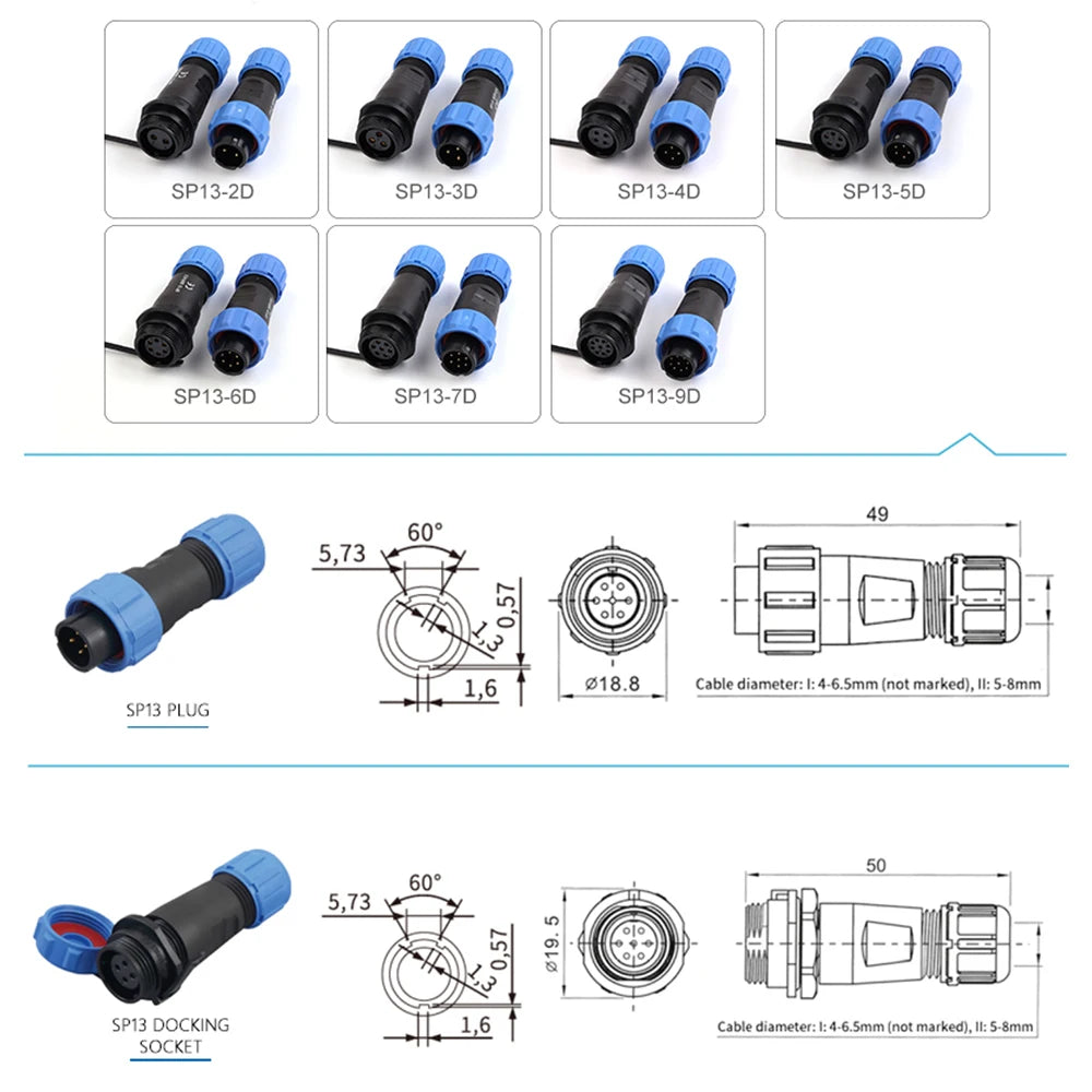 SP13 2/3/4/5/6/7/9 Pin Panel Mount Waterproof Aviation Connectors Plug Socket IP68 Electrical Cable Wire Connector male & female