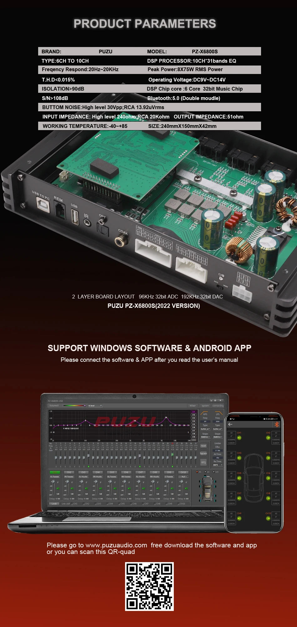 PUZU PZ-X6800S 6ch to 10ch Premium Car Audio DSP processor built in 8ch amplifier output power 500W RMS app and software control