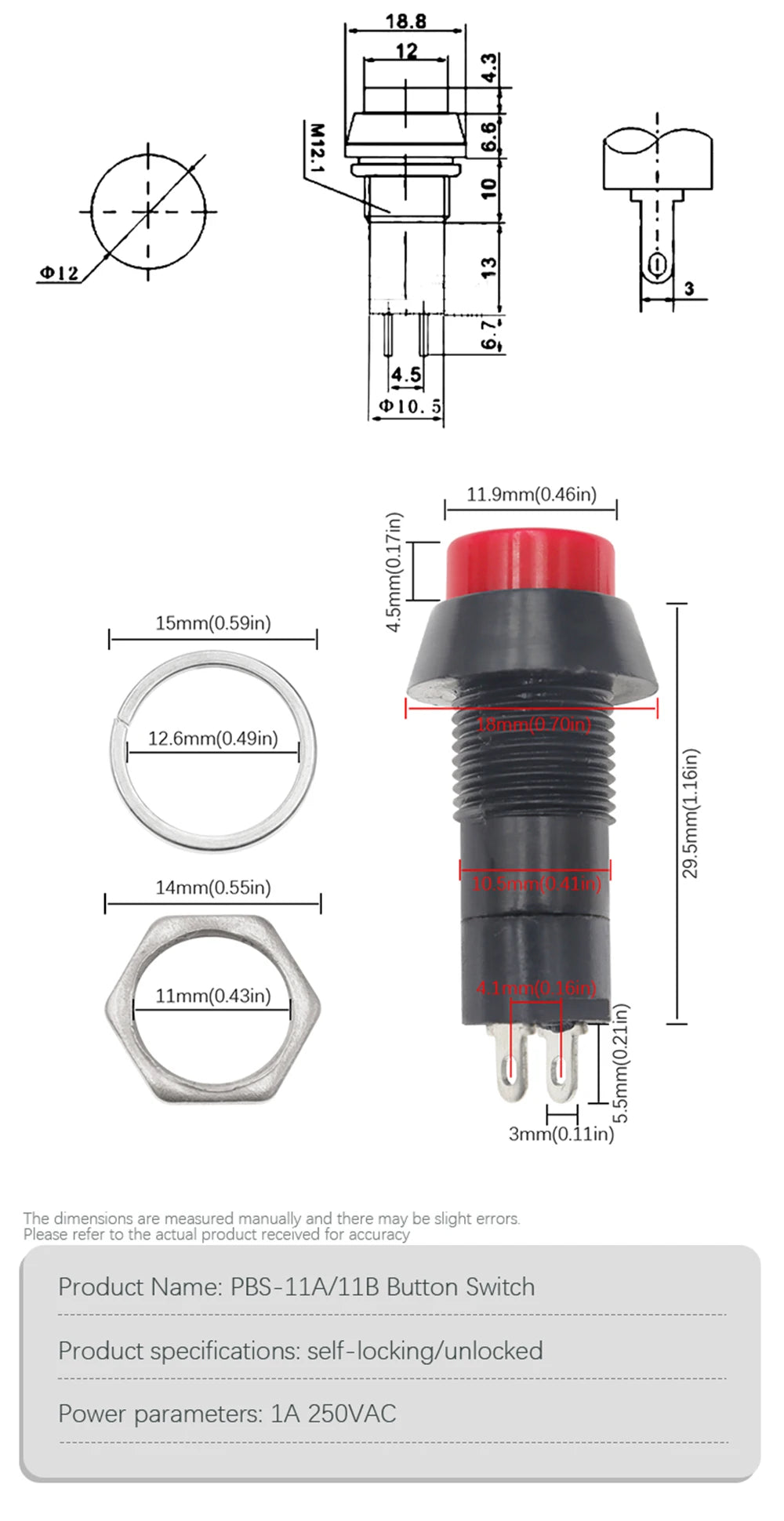 PBS-11A 12mm self-locking Plastic Push Button Switch Latching Switchs 1A 250V AC 2PIN PBS-11B