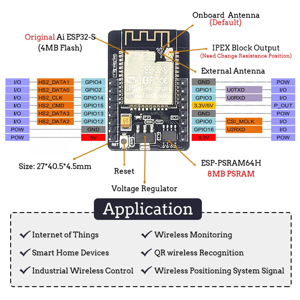 OV2640 ESP32-Cam Set with DVP 24pin Camera 66 120 160 Degree 850nm Night Vision 2MP 2.4 GHz 8MB PSRAM Wireless Bluetooth Module