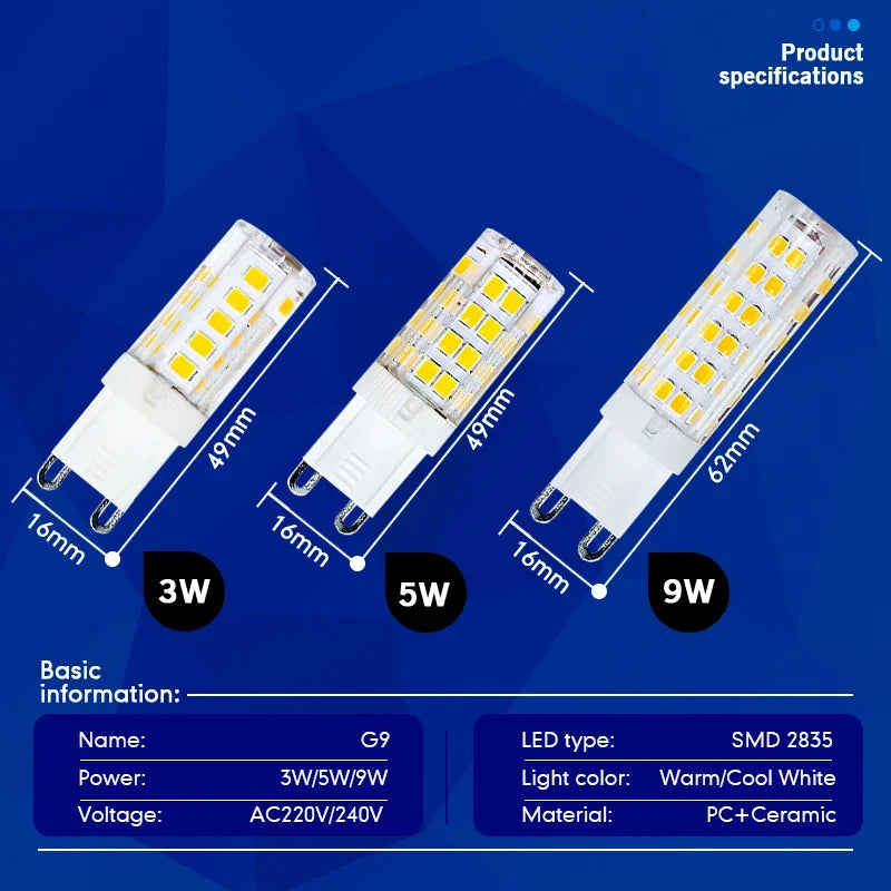 1-10pcs G9 LED Lamp Bulb AC 220V 3W 5W 9W 2835 SMD Ceramic Led Light for Chandelier Spotlight Replace Halogen Lamp