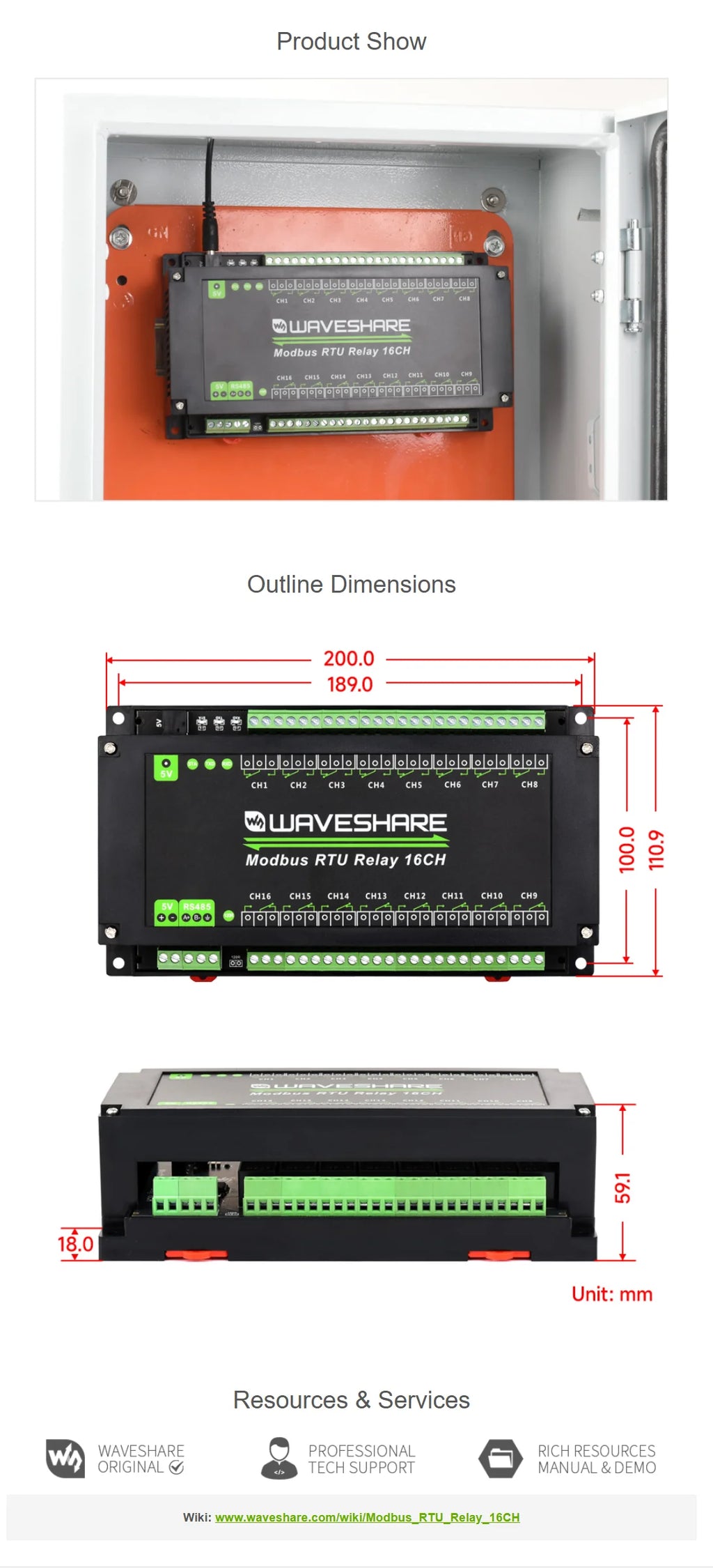 Waveshare Modbus RTU 16-Ch Relay Module, RS485 Interface, With Multiple Isolation Protection Circuits, Rail-Mount Case
