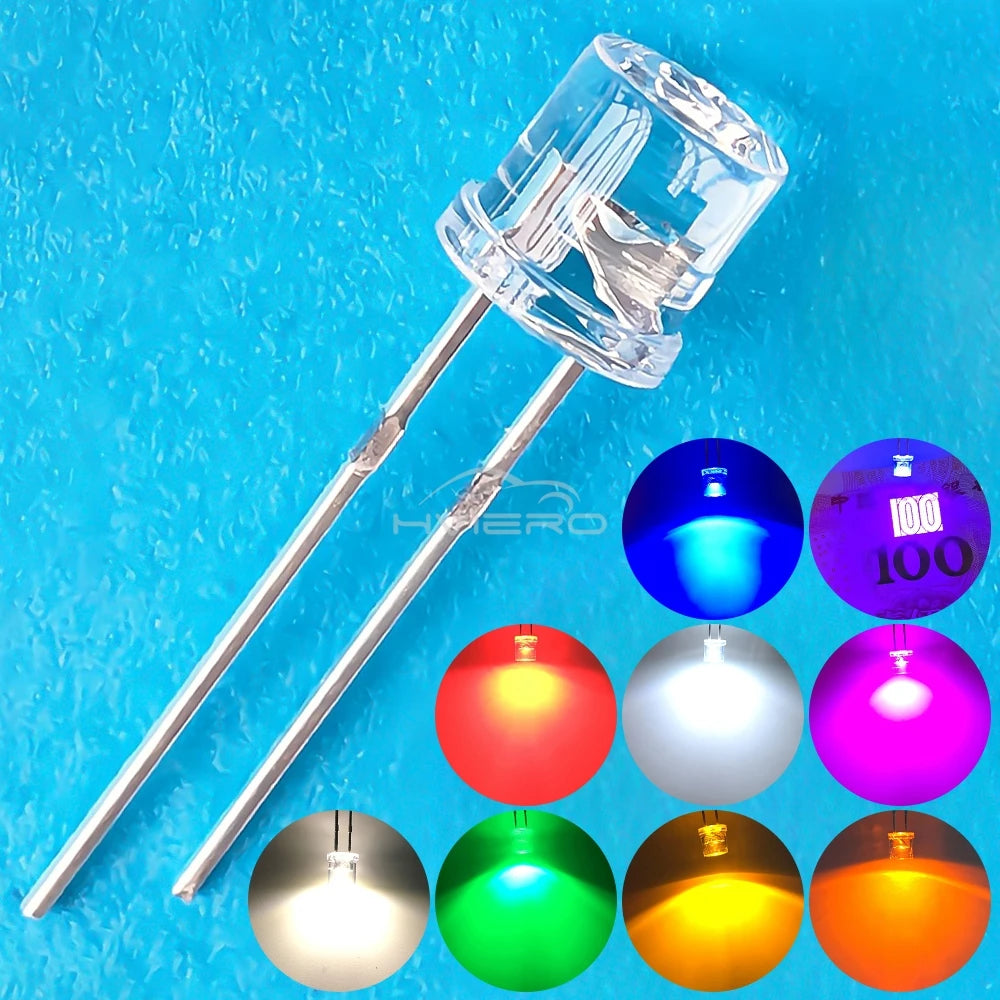100/1000PCS 5mm Flat Top F5 Emitting Diode LED Wide Angle Ultra Super Bright Bulbs Light Lamp Diodes White Red Yellow Blue Green