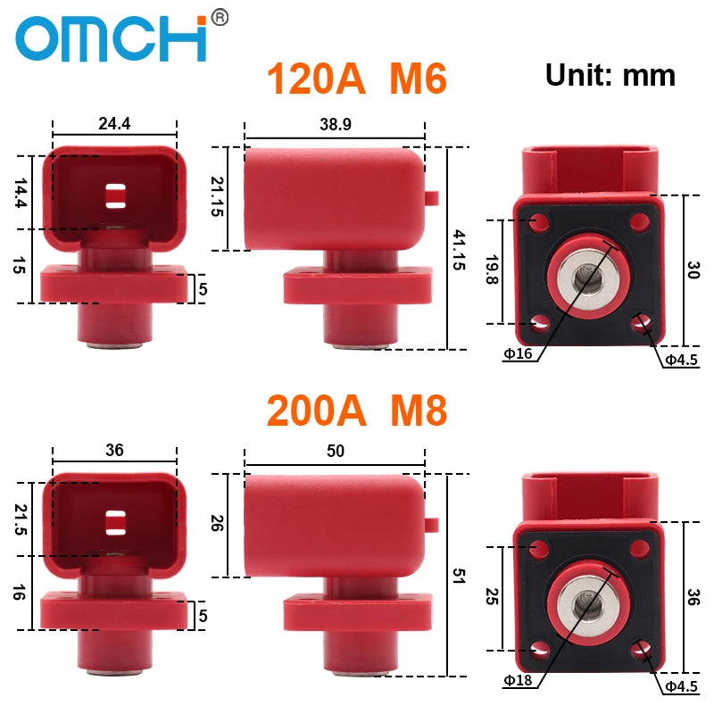 OMCH Red/Black Through Wall Type Copper Terminal Connector 120A 200A High-Current Lithium Battery Energy Storage Terminal
