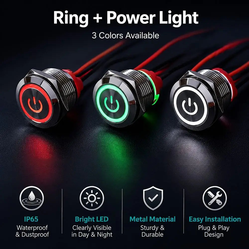 New 16/19/22mm Push Button Switch Metal Latching Action Panel Mount Switch Pre-Wired Illuminated Ring Short Body