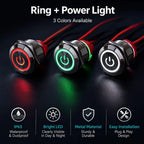 New 16/19/22mm Push Button Switch Metal Latching Action Panel Mount Switch Pre-Wired Illuminated Ring Short Body