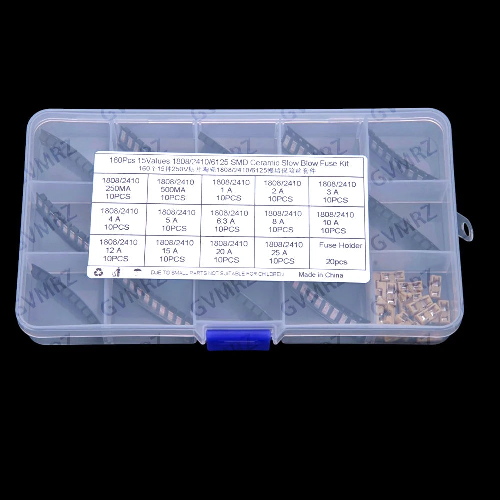 160PCS 250MA-25A 1A 2A 3A 4A 5A 6.3A 8A 15Values 2410 6125 1808 SMD Ceramic Slow Blow Fuse KIT 250MA 500MA 10A 12A 15A 20A 25A