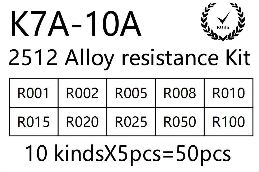 50PCS Alloy resistance kit 2512 SMD Resistor Samples kit 10 kindsX5pcs=50pcs R001 R002 R005 R008 R010 R015 R020 R025 R050 R100
