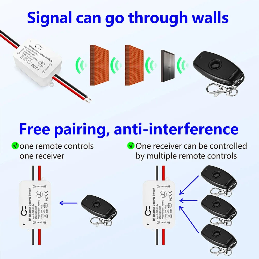 433Mhz Wireless Remote Control Switch DC 6V 12V 24V 30V 36V 10A Mini RF Relay Receiver,50m Transmitter for Pumps Light LED Fan
