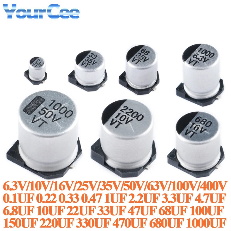 50pcs/10pcs SMD Electrolytic Capacitor Aluminum 6.3V 10V 16V 25V 35V 50V 63V 100V 400V 1UF 4.7UF 10UF 47UF 100UF 470 680 1000UF