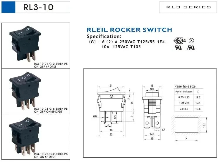 5Pcs RLEIL RL3-10 6Pin DPDT ON-OFF-ON 3 Position 15x21mm Mini Rocker Switch 10A/125VAC 6A/250VAC