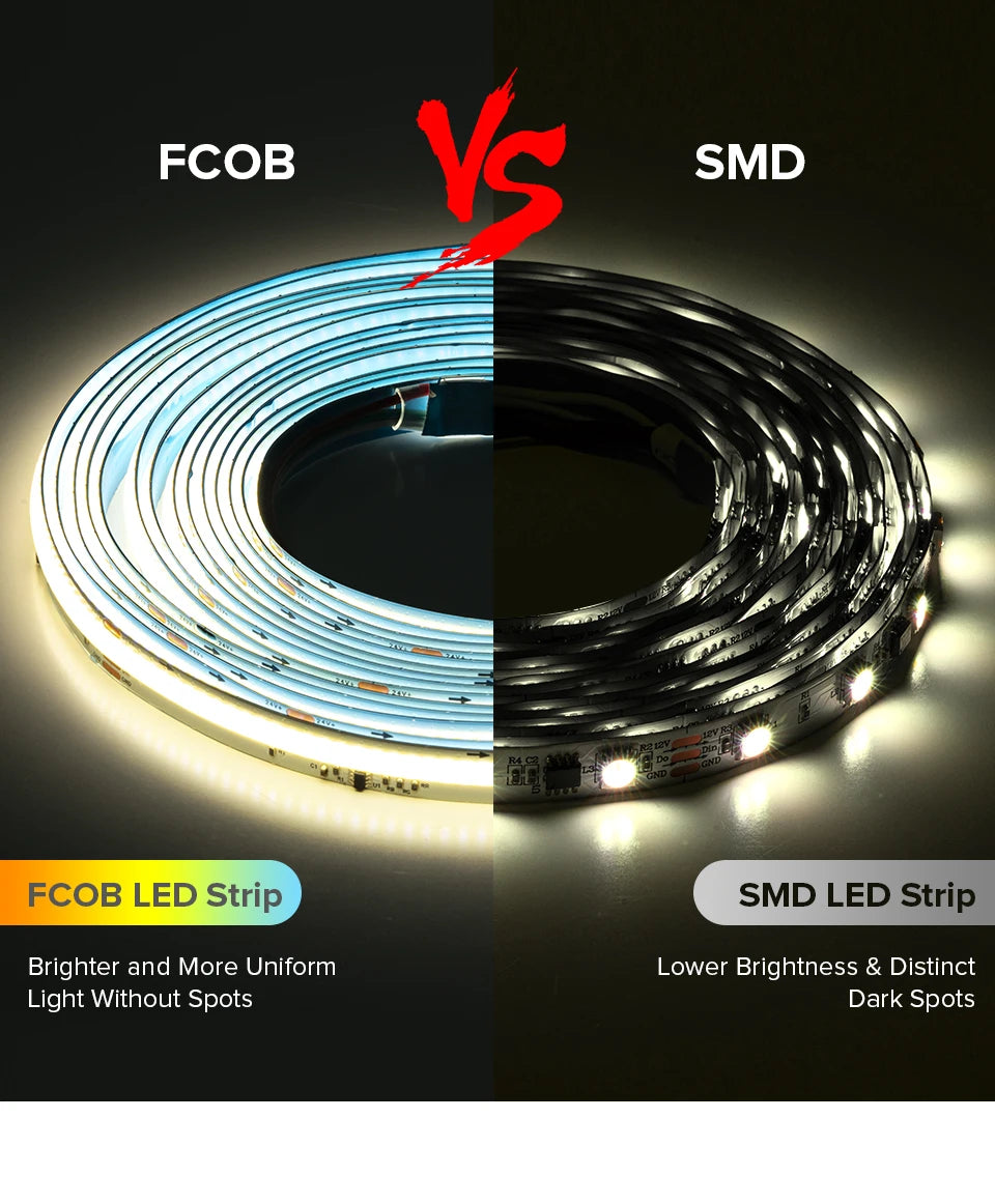 FCOB SPI DIM IC LED Light Strip Addressable 360LEDs 10mm 24V 60W High Density Flexible FOB COB Led Lights RA90 3000K 4000K 6000K