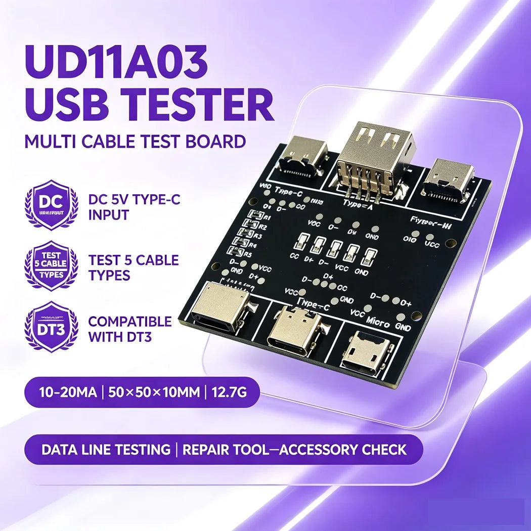 1/3PCS UD11A03 USB Cable Tester DC5V Type-C Input Compatible DT3 Test MicroUSB Type-C Lightning Data Line Detector