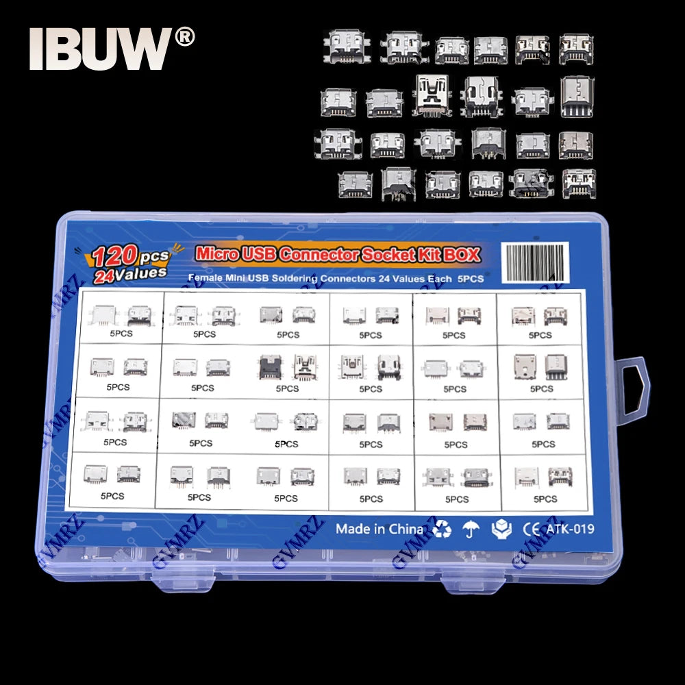 120Pcs Micro USB Connector Kit 24 Models Female Mini Usb Soldering Connectors Diy For MP3/4/5 Samsung Huawei SMD DIP Socket Kit
